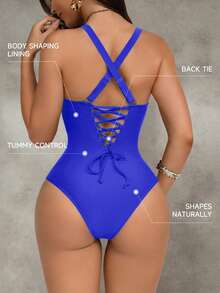Shapewave Women's Royal Blue Tummy Control One-Piece Swimsuit,Push-Up Patchwork Binding Drawstring Bathing Suit,Elegant Summer Casual Beach Pool Party - Royal Blue - View 2