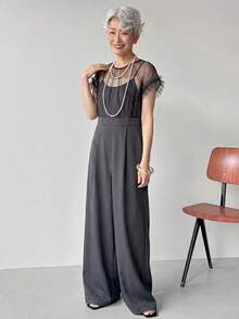FRIFUL Women's Mesh Patchwork Pocket Wide Leg Jumpsuit Lounge Sets For Women Summer Jumpsuits For Women Golf Pastal Sexy - Grey - View 4