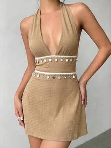 Aloruh Women's Summer Bohemian Style Woven Strap Decor Shell Tassel Mini Dress, Sexy Backless Halter Neck A-Line Mini Dress, Solid Apricot Color Dress, Suitable For Music Festival, Beach Vacation, Daily Dates, Romantic Dates, Sexy Resort Bohemian Backless Shell Trim Apricot Color Dress,Summer Dresses For Women - Camel - View 6