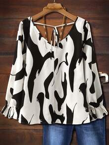 EMERY ROSE Plus Size Women V-Neck Back Tie Full Print Long Sleeve Autumn Blouse - White - View 2