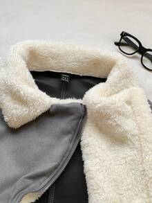 SHEIN EZwear 秋冬季女士泰迪绒内衬开襟麂皮夹克 - 深灰色 - 查看 5