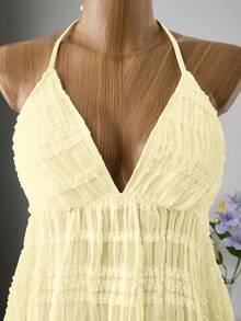 Bellisia Đầm ngắn dáng suông xếp ly, chất liệu vải dệt họa tiết mới, size 26SS, dành cho nữ, thanh lịch và gợi cảm, thích hợp cho kỳ nghỉ biển hoặc tiệc tùng. - Vàng nhạt - Xem 5