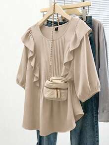 GlowEve CURVE Plus Size Solid Color Round Neck Long Sleeve Ruffle Hem Blouse - Apricot - View 6