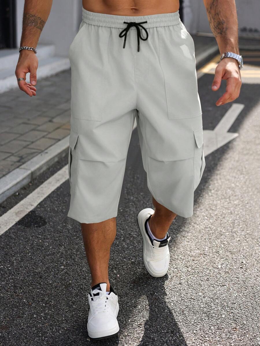 Manfinity Homme Pantalones casuales de 3/4 para hombre de talla grande, de unicolor con cordón en la cintura, para primavera/verano - Blanco - Ver 1