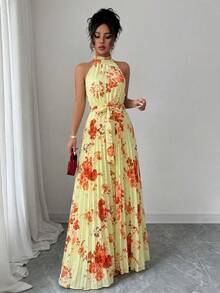 Elenzga Ärmellose Neckholder Taille A-Linie Blume Muster elegantes romantisches Kleid für Frauen - Verschiedenfarbig - Übersicht 4