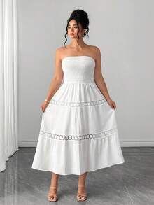 Elenzga Plus Size Women Strapless Ruched Waist Floral Patchwork A-Line Textured Elegant Summer Dress - White - View 4