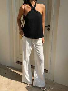 SHEIN EZwear Atasan Wanita Model Halter Neck Tenun Warna Hitam, Atasan Musim Panas - Hitam - View 6