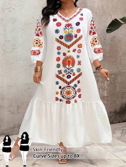 SHEIN CURVE+ Large-Sized Casual/Leisure Style Floral V-Neck Dress.
