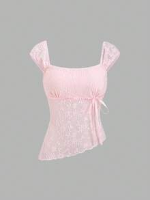 Sweetra French Elegant Sweet Pink Floral Lace Fabric Tie-Up Sleeveless Top,Gentle Style Versatile For Vacation Casual Work Tea Party Wear Summer - Pink - View 2