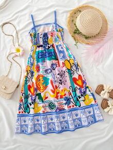 SHEIN Young Girls' Sleeveless Colorblock Allover Print Fashion Dress, Summer - Blue - View 6