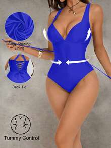 Shapewave Women's Royal Blue Tummy Control One-Piece Swimsuit,Push-Up Patchwork Binding Drawstring Bathing Suit,Elegant Summer Casual Beach Pool Party - Royal Blue - View 3