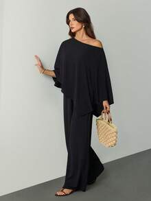 SHEIN Tall 新款秋冬女装休闲通勤棕色宽松单肩不规则上衣+高腰阔腿裤两件套，适合返校、乡村音乐会、返校节、万圣节、圣诞节、早午餐、外出、教堂礼拜、旅行、购物等场合。 - 黑色 - 查看 3