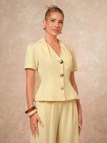 Lumalex Ensemble blazer et pantalon élégant de couleur unie à manches courtes pour le travail - Jaune clair - Voir 14
