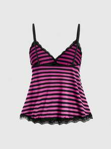 ROMWE Fairycore Spring/Summer Plus Size Casual Striped Lace Trim Camisole - Hot Pink - View 2