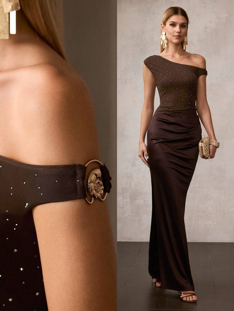 MOTF Soiréza ELEGANT ASYMMETRICAL NECK MAXI PARTY DRESS FOR WOMEN, DAZZLING RHINESTONE EMBELLISHMENTS, WAIST RUCHING DETAIL, MERMAID HEM IN MESH-SATIN COMBO