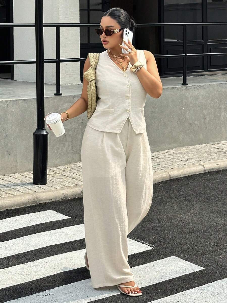 Dazy Plus 两件套纯色休闲无袖上衣和宽松长裤,适合大码女性的百搭通勤套装,春夏款,白色 - 白色 - 查看 1