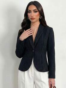Elenzga Áo blazer nữ tay lỡ 3/4 cổ bẻ, eo thắt, chất liệu cotton kẻ sọc, kiểu dáng thường ngày. - màu đen - Xem 3