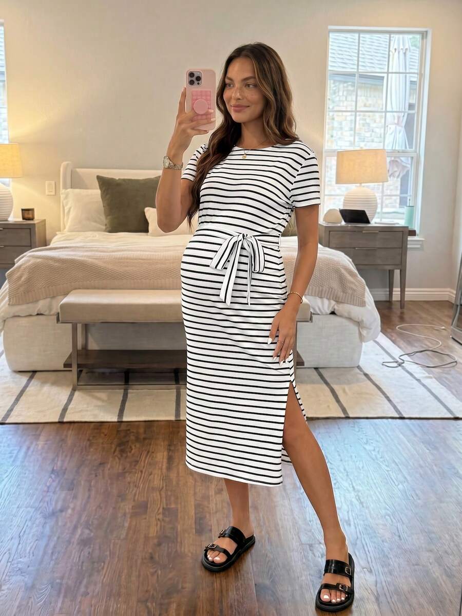 Slowluna Maternity Summer Casual Vacation & Commute Striped Print High Slit Waist Tie Dress - White - View 1