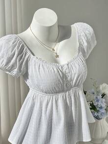 女士粉色碎花荷叶领短袖衬衫，度假风，乡村风 - 白色 - 查看 5