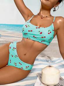 SHEIN Swim Mod Bộ bikini mùa hè dành cho nữ, họa tiết kẻ caro và quả anh đào, kiểu dáng gợi cảm, họa tiết ngẫu nhiên. - Màu xanh bạc hà - Xem 5