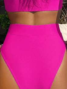 Swim Vcay Bas de maillot de bain taille haute de couleur unie pour femmes, idéal pour l'été et les vacances à la plage - Rose vif - Voir 2