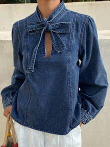 DAZY Women's Tie Collar Long Sleeve Casual Denim Blouse - Blue - View 8