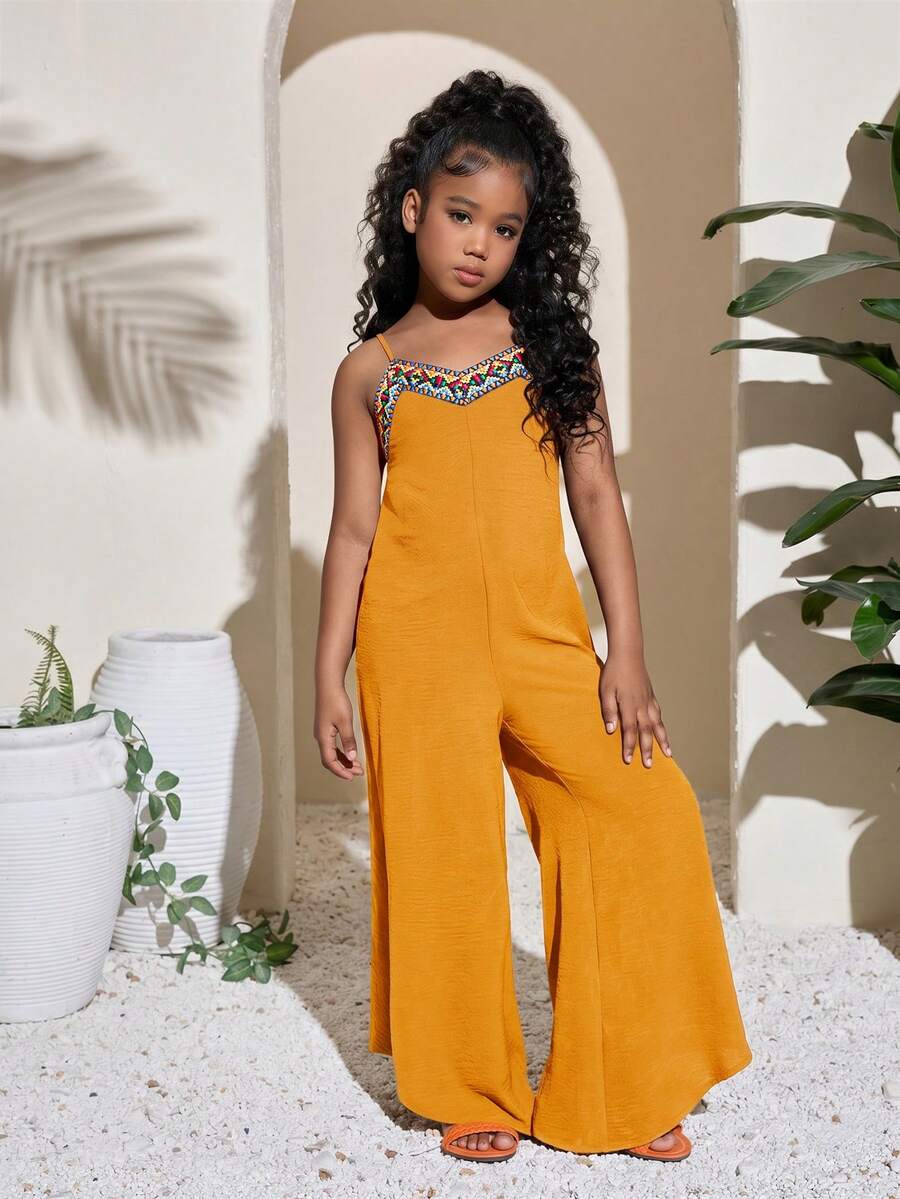 SHEIN Tween Girls' V-Neck Strap Patchwork Wide Leg Flare Jumpsuit, Vacation Wear Spring/Summer - Yellow - View 1
