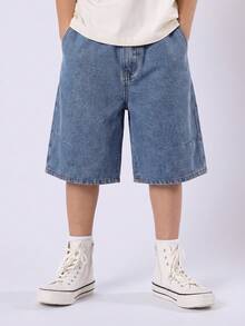 SHEIN Quần short denim màu xanh dáng rộng dành cho bé trai tuổi teen. - Màu xanh lam - Xem 2