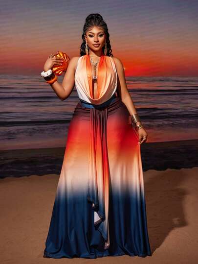 Maweii Plus Size Elegant Halter Gradient Plunge Backless Sexy 2 Pieces Set