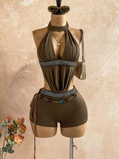 Soleia Women's Olive Green Sparkling Rhinestone Detail Sexy Hollow Back Dress, Suitable For Spring/Summer, Sexy Dress, Date Night Dress, Party Dress, Vacation, Music Festival, Bohemian