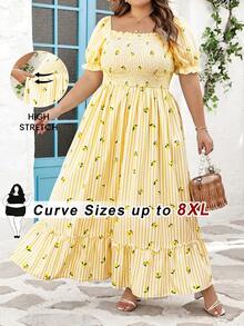 SHEIN CURVE+ Đầm cỡ US22 (dành cho người có đường cong cơ thể), thích hợp cho lễ hội âm nhạc, kỳ nghỉ biển, phong cách bohemian lãng mạn với họa tiết hoa nhí, phù hợp cho kỳ nghỉ biển, mùa tốt nghiệp, kỳ nghỉ kiểu bohemian, đầm đi biển, trang phục đi nghỉ mát. - Màu vàng - Xem 4