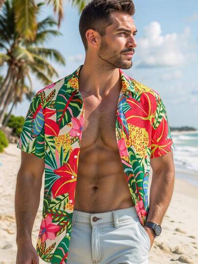  HIMLAND Men's Casual Floral Print Button-Front Short Sleeve Shirt Floral Print Casual Breathable Summer Beach Shirt For Casual Vacation Mexican Floral Shirt Men Colorful Button Up Shirt Men Flower Shirt Men Floral Shirt Colorful Men Button Up Floral Hawaiian Shirt Summer Shirt For Men