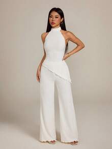 SHEIN PETITE Bộ đồ hai mảnh không tay trễ vai, chất liệu dệt họa tiết, dáng ống rộng, thanh lịch dành cho nữ, thích hợp cho mùa xuân sớm: Phong cách nghỉ dưỡng phóng khoáng màu mơ - đa năng cho đi làm, dạo phố, công sở, mặc hàng ngày, hẹn hò, ngày Valentine và dự tiệc cưới. - Màu be - Xem 7