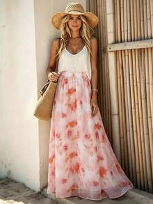 Balvessa Rosa chiffongkjol med tie-dye-mönster, A-linjeformad, semester - Rosa - Visa 4