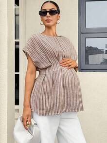 MaterniWear Áo sơ mi bà bầu thời trang, đa năng, kẻ sọc, cạp chun, thích hợp cho các chuyến đi chơi và du lịch. - Màu Khaki - Xem 3