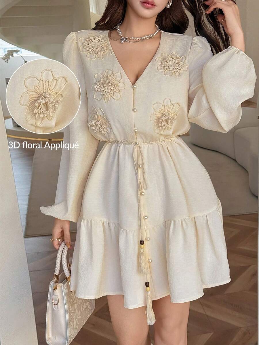 Feyla Women's Elegant Floral Print V-Neck Lantern Sleeve Tassel Belted Ruffle Hem Vacation Dress, Spring/Autumn - Yellow - View 1