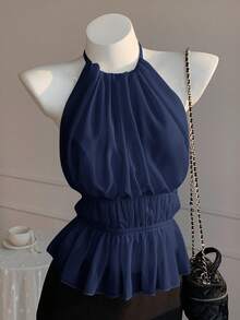 SHEIN EZwear 女士夏季纯色褶皱露背吊带抽绳上衣 - 藏蓝色 - 查看 4