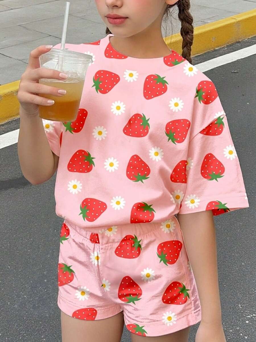 SHEIN Cream Pink, Sweet Girl Strawberry Flower Pattern, Young Girl Casual Comfortable Round Neck Short Sleeve T-Shirt And Shorts Set, 2pcs, Suitable For Spring/Summer Daily, Holiday, Festival, Outing, Spring Vibes, Summer Vibes, Spring & Summer Outfits Easy Comfort, Stylish Girl Set, Casual Wear, Kids Strawberry & Flower Graphic Clothes, Spring & Summer Set, New Style, Chill Chill, Chill Summer Vacation, Girly Style - Multicolor - View 1