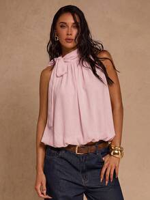 SHEIN Glamour Áo kiểu nữ cổ phồng màu trơn, thiết kế thắt nút. - Hồng - Xem 5