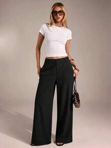 SHEIN PETITE CURVE Quần ống rộng dáng suông thoải mái màu trơn có túi dành cho nữ cỡ lớn - màu đen - Xem 3