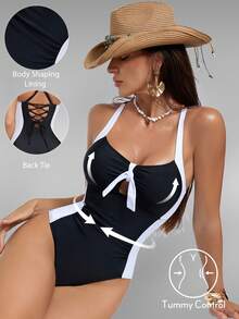 Shapewave Women's Solid Color Backless Lace-Up Spaghetti Strap One-Piece Swimsuit - Black and White - View 3