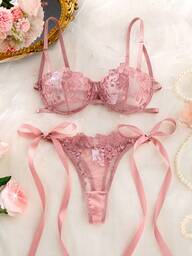 Crystal Vow Conjunto de lencería de 2 piezas con tirantes bordados en azul cielo y rosa para mujer