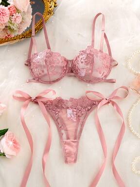 Crystal Vow Conjunto de Lingerie Feminino Azul Céu e Rosa Bordado com Alças 2 Peças