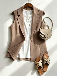 Modelyn Blazer sin mangas de unicolor informal de talla grande para verano - Caqui - Ver 3