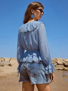 Maija Camiseta corta ajustada con decoración de remaches y ojetes, camiseta básica minimalista y elegante para mujer para primavera/verano - Azul - Ver 2