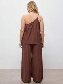 Maija Plus Size Brown Summer Casual Business Vacation Linen 2 Piece Set For Women, Sleeveless One Shoulder Top And Wide Leg Pants Outfits Gym - Rust Brown - View 2