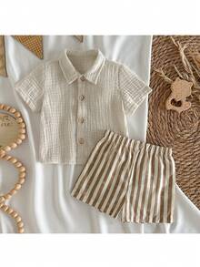 Newborn Baby Girl Solid Color Lapel Short Sleeve Cardigan Shirt And Elastic Waist Shorts 2-Piece Set - Multicolor - View 3