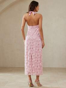 BELROSIE Pink Floral Summer Flower Power Birthday Party Holiday Cutout Embroidered 3D Flower Beaded Ruched Bust Halter Backless Fitted Mermaid Dress,Elegant - Pink - View 3