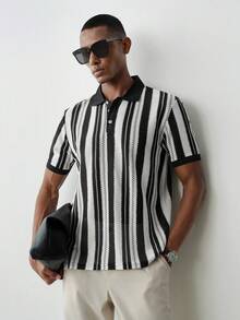 MENRIVO Áo polo nam kiểu dáng công sở kẻ sọc, phù hợp cho việc đi làm hàng ngày và mặc thường ngày. - màu đen - Xem 1