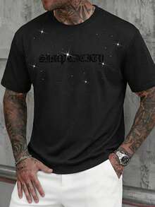 SLATEMANN Men's Black Summer Streetwear T-Shirt,Short Sleeve Round Neck Flocked Letter Rhinestone Decor,Comfortable Casual City Break Fashion Party Gift Tee - Black - View 3
